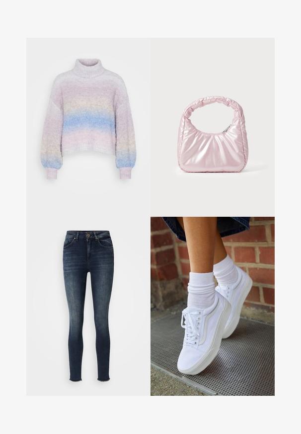 Pull en crochet à col roulé dans des couleurs pastel, présentant un dégradé de rose, violet et bleu. Coupe oversize avec des poignets et un ourlet côtelés.; Jeans skinny bleu foncé avec fermeture à bouton et à glissière à l'avant, design cinq poches, léger délavage sur les cuisses et les genoux, ourlets effilochés aux chevilles.; Baskets en toile blanches avec semelles en caoutchouc, dotées de six œillets, d'un bout rond et de détails de couture légers, portées avec des chaussettes blanches mi-mollet.; Sac à main rose rembourré avec un design arrondi, fabriqué à partir d'un matériau brillant. Dispose d'une poignée froncée et d'une fermeture éclair pour un accès sécurisé.