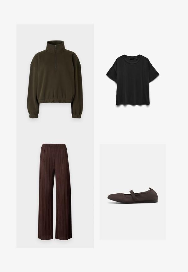 Olive roheline lühike sweatshirt, mis on valmistatud pehmest kangast, kõrge krae, pooltõmblukuga kinnituse ja elastsete varruka- ja alumiste äärtega.; Mustast lühikeste varrukatega puuvillane T-särk ümmarguse kaelusega, valgel taustal lamedalt kuvatud.; Pruunid laia säärega püksid vertikaalsete voldidega ja elastse vöökohtaga, kujutatud tavalise valge tausta peal.; Pruun baleriinaking elastse paelaga ja ümarate varvastega, valgel taustal, külgvaates.