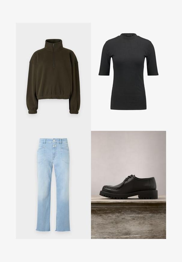 Olive roheline lühike sweatshirt, mis on valmistatud pehmest kangast, kõrge krae, pooltõmblukuga kinnituse ja elastsete varruka- ja alumiste äärtega.; Must mustriba T-särk kõrge kaelusega ja lühikeste varrukatega. Sile, ümbertõmmatud disain ilma mustriteta või nähtavate sõlmede detailideta.; Hele sinised teksapüksid kõrge vöökohaga, ees taskud, nööp- ja lukukinnitusega ning toore äärega pahkluudes.; Mustast nahast paeltega king paksu soonilise tallaga, mis hõljub puidust pingi kohal õues, taustal roheline lehestik.