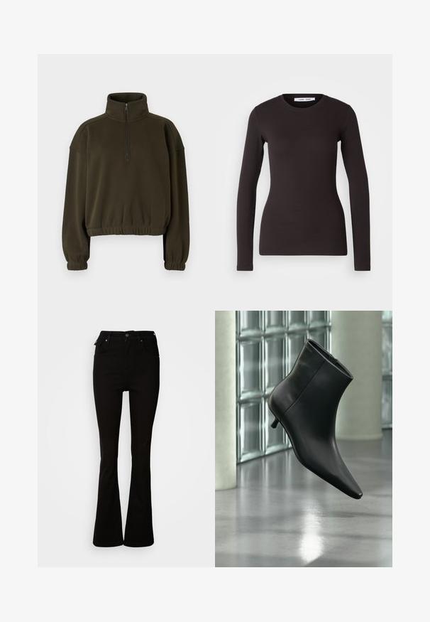 Olive roheline lühike sweatshirt, mis on valmistatud pehmest kangast, kõrge krae, pooltõmblukuga kinnituse ja elastsete varruka- ja alumiste äärtega.; Pikkade varrukatega must topp, mis on valmistatud pehmest ja venivast kangast. Sellel on ümmargune kaelus ja kitsas lõige, sile tekstuur ja ei ole nähtavaid mustreid.; Mustad mustad džinsid, millel on kõrge talje, esikotid ja klassikaline viie koti disain metallist detailidega.; Mustast nahast pahkluu saabas terava varbaotsaga ja madala Kitsuki kontsaga, kuvatud nurga alt läikiva põranda ja klaasplokkseinaga taustal.