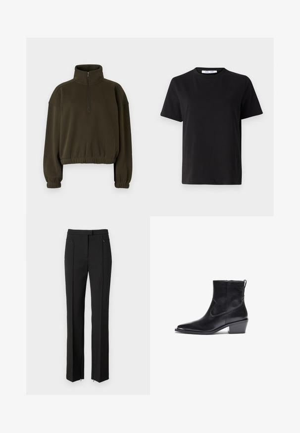 Olive roheline lühike sweatshirt, mis on valmistatud pehmest kangast, kõrge krae, pooltõmblukuga kinnituse ja elastsete varruka- ja alumiste äärtega.; Must have lühikeste varrukatega t-särk, mis on valmistatud pehmest puuvillast, ümmarguse kaelusega, lõdva sobivusega ja sileda tekstuuriga. Ei ole nähtavaid mustreid ega graafikat.; Mustad püksid kohandatud disainiga, millel on lame eesosa, lukuga taskud ja sirge jalgade lõige. Valmistatud siledast kangast.; Must suured nahast pahkluu saabastega, millel on terav nina ja madal plokkkonts. Omab külgziperit ja minimaalseid õmblusteenuseid, et tagada muhedam disain.