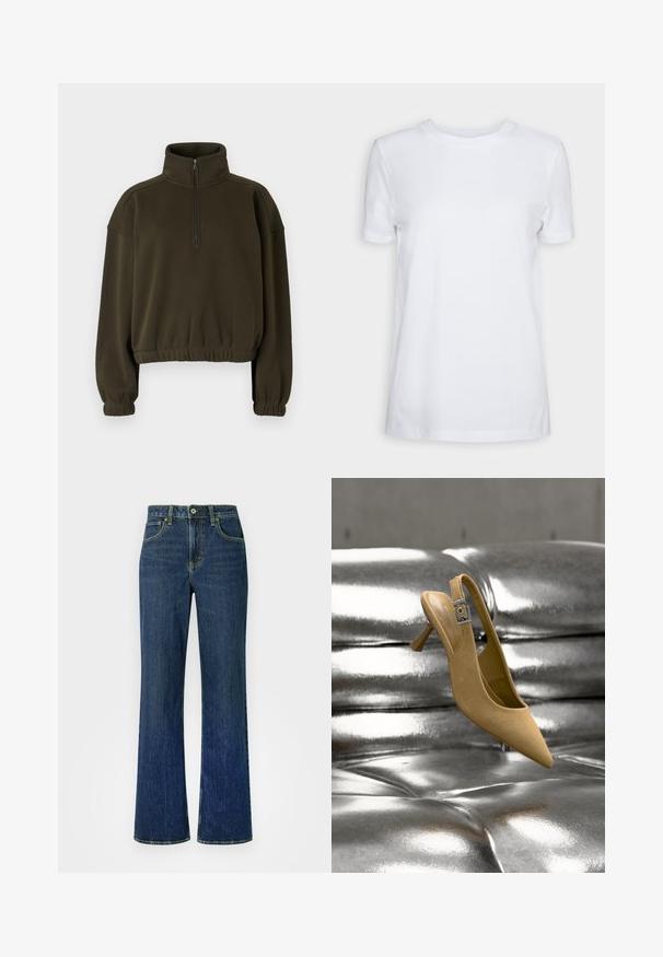 Olive roheline lühike sweatshirt, mis on valmistatud pehmest kangast, kõrge krae, pooltõmblukuga kinnituse ja elastsete varruka- ja alumiste äärtega.; Lihtne valge lühikese varrukaga ümara kaelusega t-särk, normaalse istuvusega ja väikese sisesildiga kaelal, millel on kiri „SELECTED FEMME.“; Kergelt pleekinud tumesinised teksapüksid kõrge vöökohaga, laiade säärte ja klassikalise viiepajalise disainiga. Kollased õmblused kogu ulatuses.; Beežist seemisnahast slingback stiilis madala kontsaga kinga hõbedase pandlaga, mis asub läikiva metallilise tuftitud pinna kohal.