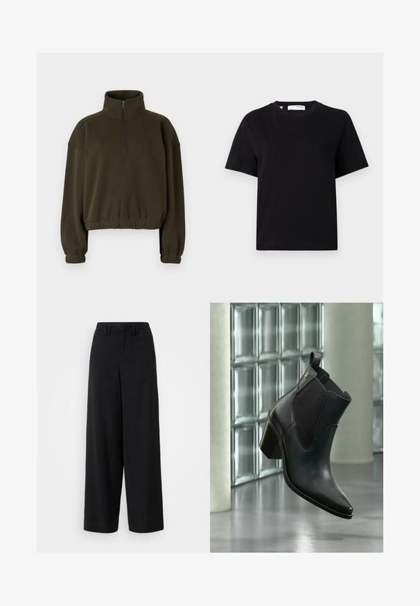 Oliven grøn cropped sweatshirt lavet af blødt stof, med høj krave, halv lynlås lukning og elastiske manchetter og kant.; Simpel sort t-shirt med korte ærmer, rund hals, afslappet pasform og lille nakkemærke.; Sorte brede bukser lavet af glat stof, med en flad front, plisserede detaljer og bæltestropper i taljen.; Sort læderankelstøvle med blokhæl og elastisk sidepanel, flydende indendørs mod glasblokvæg og betongulv.
