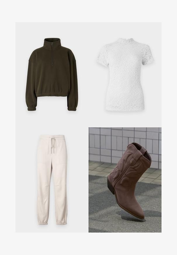 Olive roheline lühike sweatshirt, mis on valmistatud pehmest kangast, kõrge krae, pooltõmblukuga kinnituse ja elastsete varruka- ja alumiste äärtega.; Valge pitsist topp lühikeste varrukatega ja kõrge, sakilise kohalööbega. Lillemustriga üle kogu pinda, poolläbipaistev kangas tekstuurse välimusega.; Beez, kerge pükste komplekt elastse vöökoha, nöördetaili ja elastsete mansettidega. Omab kahte esitaskut ja sileda tekstuuri.; Üksik pruun kauboisaabas dekoratiivse õmblusega, puhkab sillutatud pinnasel plaaditud seina taustal.