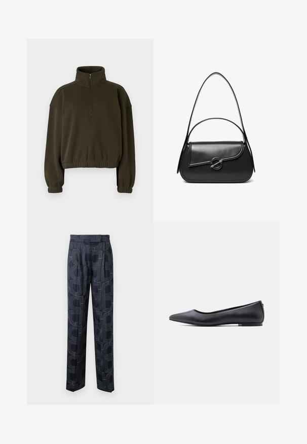 Oliven grøn cropped sweatshirt lavet af blødt stof, med høj krave, halv lynlås lukning og elastiske manchetter og kant.; Marine-mønstrede bukser med et geometrisk design, lavet af glat stof med en afslappet pasform og frontfolder.; Sort flad lædersko med spidst tåparti og lav hæl, vist i sideprofil mod en hvid baggrund.; Sort skuldertaske i læder med en buet klap, der er fastgjort med en rund metal spænde, og en slank, justerbar rem.