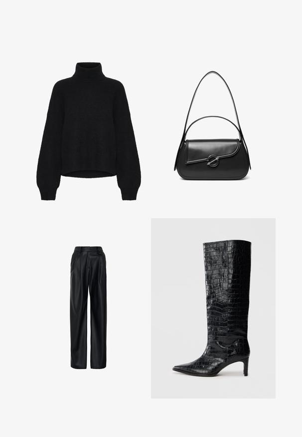Sort turtleneck sweater med et cropped design, lavet af fluffy stof. Har brede ærmer og en ribbet tekstur ved kraven.; Sorte faux læderbukser med løs pasform, folder fortil, vide ben og høj talje med knaplukning.; Sorte knæhøje støvler med en blank, krokodillemønstret tekstur, spids tå og en affaset hæl. Glat syntetisk materiale.; Sort skuldertaske i læder med en buet klap, der er fastgjort med en rund metal spænde, og en slank, justerbar rem.