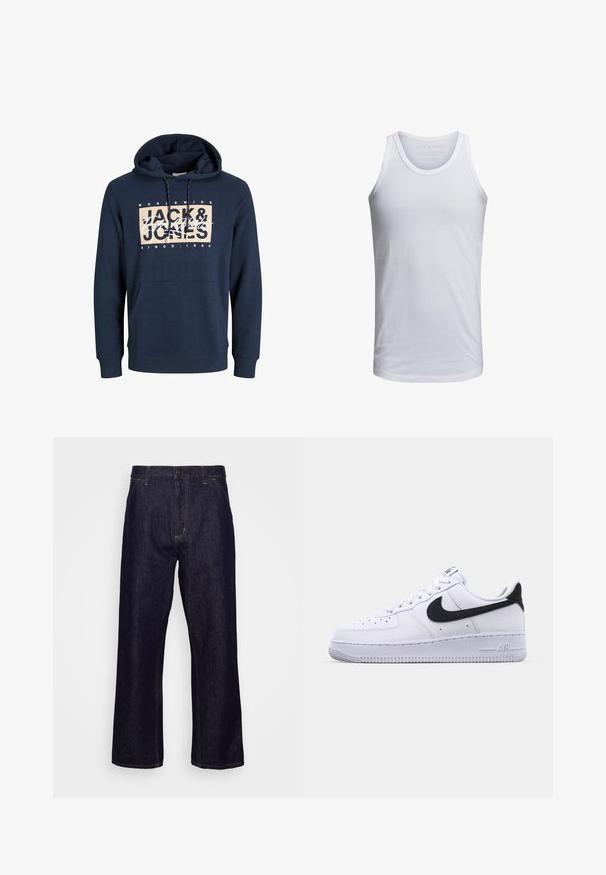 Marineblå hættetrøje lavet af bomuldsblanding, med en forlommelomme, snor i hætten, og et trykt logo på brystet.; Hvid bomulds tank top med rund halsudskæring, brede skulderstropper og minimal branding trykt indeni kraven. Blød tekstur, afslappet pasform.; Mørkeblå lige ben denim jeans med forlommer, bæltestropper, lynlås og knaplukning, præsenteret foran en simpel hvid baggrund.; Hvide lædersneakers med en struktureret sort Swoosh, flade snørebånd og en gummisål med et rillemønster. "AIR" er præget på hælen.