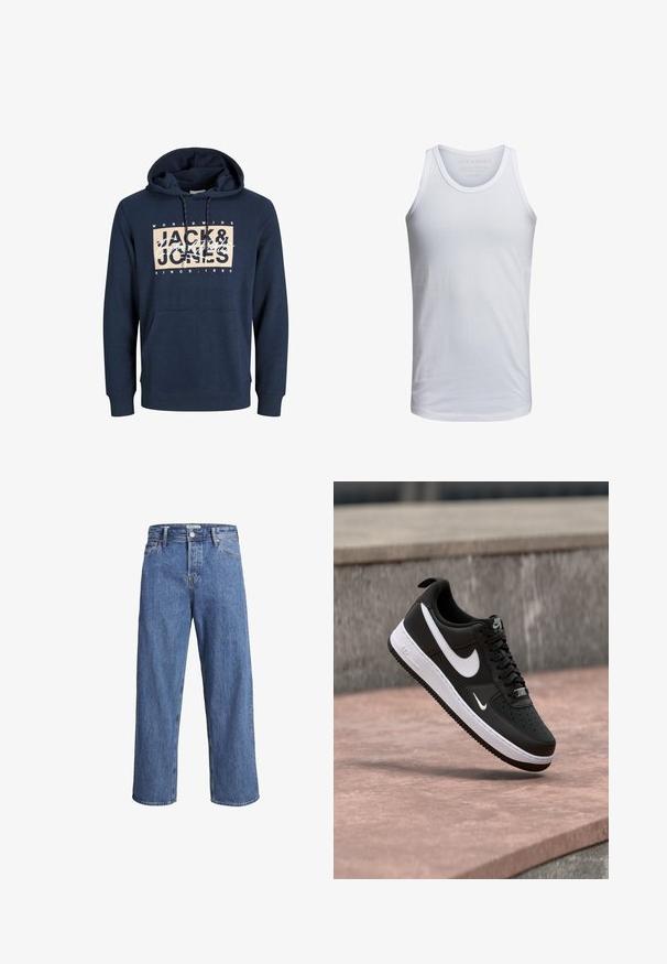 Marineblå hættetrøje lavet af bomuldsblanding, med en forlommelomme, snor i hætten, og et trykt logo på brystet.; Hvid bomulds tank top med rund halsudskæring, brede skulderstropper og minimal branding trykt indeni kraven. Blød tekstur, afslappet pasform.; Lysblå denimjeans med en lige ben-design, høj talje og minimale syninger. Stoffet har en blød, let falmet tekstur.; Sort-hvid Nike Air Force 1 sneaker svævende over en lyserød betonflade med en grå stenbaggrund.