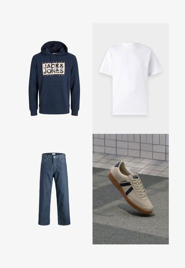 Marineblå hættetrøje lavet af bomuldsblanding, med en forlommelomme, snor i hætten, og et trykt logo på brystet.; Hvid kortærmet t-shirt lavet af bomuld med rund hals, der har en glat tekstur og et simpelt design uden mønstre eller accenter.; Mørkeblå denim jeans med lige pasform, der har fem lommer, en frontlukning med knap og kontrastsyninger.; Beige sneaker med struktureret overflade, marineblå striber og gummisål. Har en polstret tunge og traditionelt snørresystem for en sikker pasform.