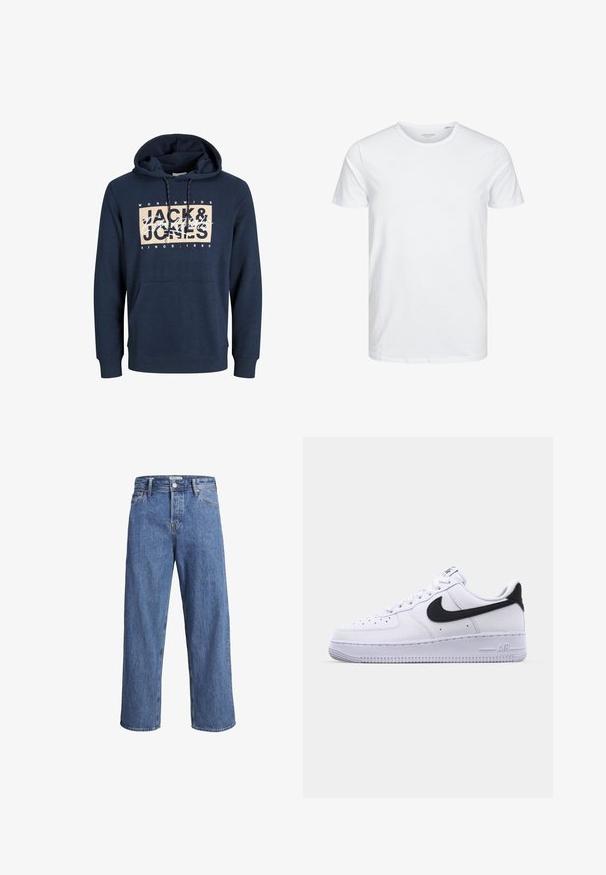 Hoodie bleu marine en mélange de coton, avec une poche kangourou à l'avant, un capuchon avec cordon de serrage et un logo imprimé sur la poitrine.; T-shirt à col rond à manches courtes de couleur blanche unie, fabriqué en coton doux, avec un design simple sans motifs ni accents visibles.; Jean en denim bleu clair avec une coupe droite, taille haute et des détails de couture minimes. Le tissu a une texture douce et légèrement délavée.; Sneaker en cuir blanc avec un Swoosh noir texturé, des lacets plats et une semelle en caoutchouc avec un motif strié. "AIR" est embossé sur le talon.