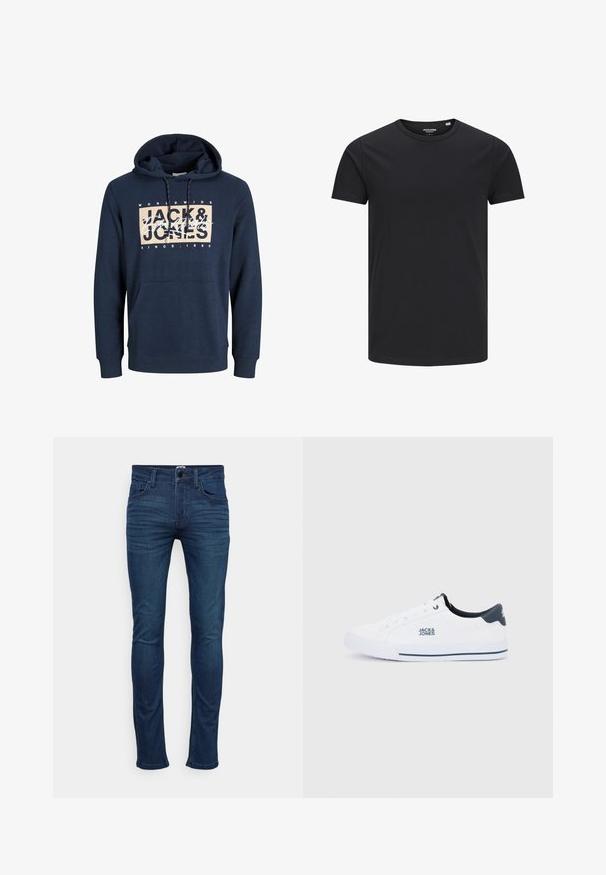 Marineblå hættetrøje lavet af bomuldsblanding, med en forlommelomme, snor i hætten, og et trykt logo på brystet.; Sort bomulds T-shirt med rund hals, korte ærmer og et enkelt design. Glat tekstur, ingen mønstre eller synligt tilbehør.; Mørkeblå smalle jeans lavet af denim, med et klassisk fem-lomme design, front lukning med knap og subtil falming langs lårene.; Hvid lavtop-sneaker med blå hælkappe, "JACK & JONES"-logo på siden, hvide snørebånd og hvid sål med blå stribe.