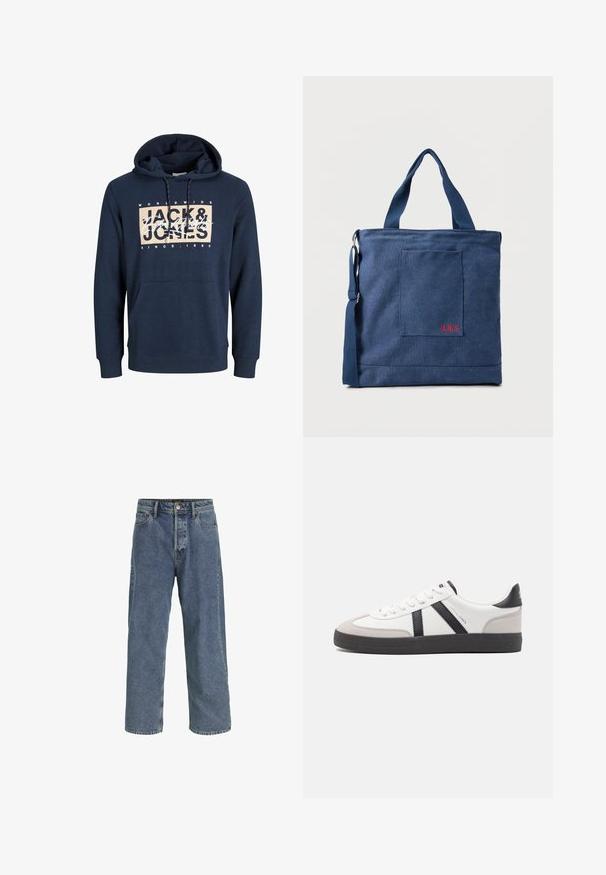 Marineblå hættetrøje lavet af bomuldsblanding, med en forlommelomme, snor i hætten, og et trykt logo på brystet.; Blå denim vide ben jeans med høj talje, fem-lommers design, knaplukning og synlig syning. Glat tekstur med slidte områder.; Hvide sneakers med sorte og grå detaljer, med en tekstureret grå tåhætte, sort gummisål og flade hvide snørebånd. Rent design, minimalistisk stil.; Blå lærredstote taske med frontlomme og rød "O.N.S" broderi, med to håndtag og en justerbar skulderrem.