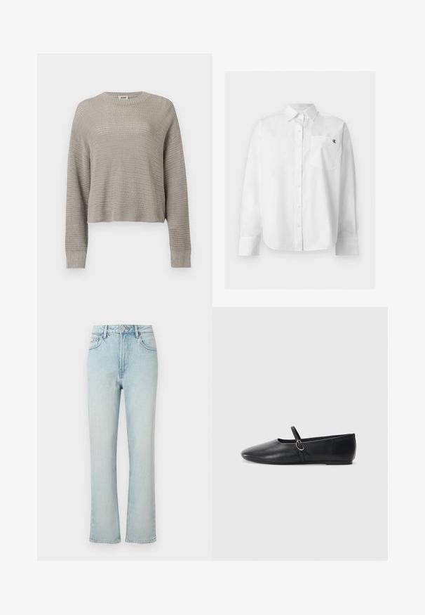 Pull gris clair à manches longues en maille, col rond et poignets côtelés, présentant un motif ajouré ample sur toute la surface.; Chemise blanche à manches longues avec boutons, col pointu et poche avant avec petit logo noir "CK" sur la poitrine gauche.; Jean bleu clair taille haute à jambes droites avec bouton avant, passants de ceinture et design classique à cinq poches sur fond uni.; Ballerines noires en cuir avec un bout pointu, une semelle plate et une petite sangle avec un détail de boucle en argent.