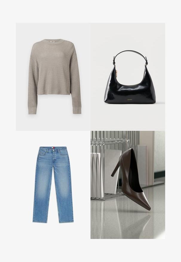 Pull gris clair à manches longues en maille, col rond et poignets côtelés, présentant un motif ajouré ample sur toute la surface.; Jean en denim bleu clair à jambes droites, avec poches avant, fermeture par bouton métallique et légère décoloration sur les cuisses et les genoux.; Chaussure en cuir marron foncé à talon haut flottant au-dessus d'un sol réfléchissant près d'une étagère métallique avec des panneaux blancs dans une pièce.; Sac à main Calvin Klein noir brillant avec fermeture éclair dorée et anse courte sur fond blanc uni.