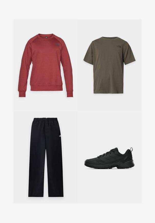 Pull rouge à col rond, avec de longues manches raglan, des poignets et un ourlet côtelés, ornés d'un logo noir sur le côté gauche. Tissu doux et texturé.; T-shirt uni vert olive à manches courtes avec un petit logo noir The North Face sur la partie supérieure gauche de la poitrine.; Pantalon droit à taille élastique noire avec petit logo blanc sur la partie supérieure de la cuisse droite, présenté à plat sur un fond clair.; Chaussure de sport noire avec une tige texturée, un bout renforcé, une semelle extérieure robuste et une boucle au talon pour un enfilage facile.