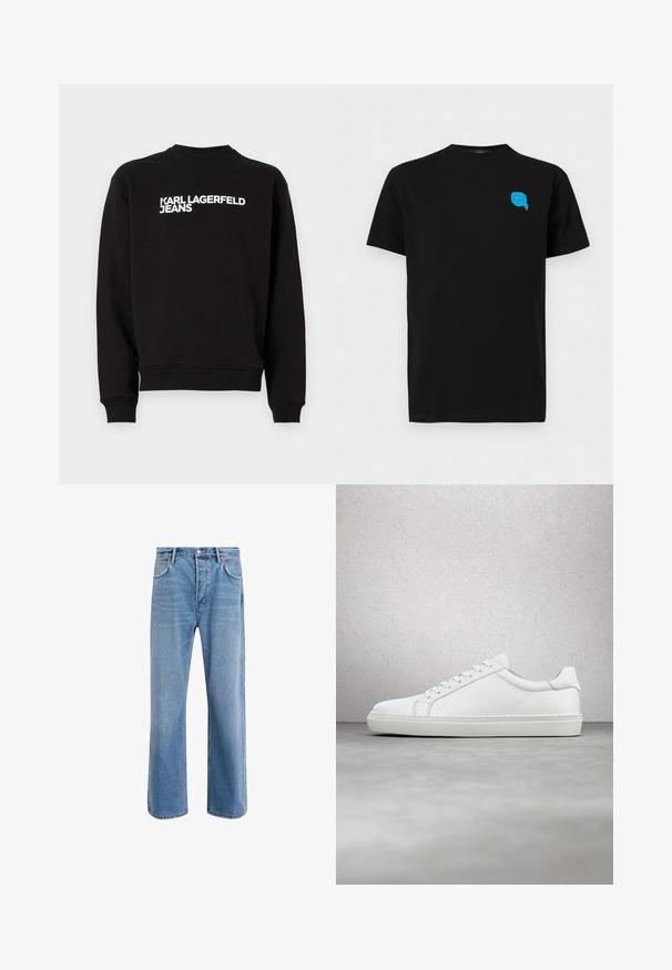 Čierna mikina s okrúhlym výstrihom a rebrovanými manžetami. Na prednej strane obsahuje biely nápis "KARL LAGERFELD JEANS". Mäkkó materiál.; Čierne tričko s krátkym rukávom s malou modrou grafikou tváre v slnečných okuliaroch a s šatkou na hlave na ľavej hornej časti hrude.; Svetlo modré denimové džínsy so strihom rovného nohu, päť vreciek, zapínanie na gombík, minimálne vyblednutie a kontrastné švy.; Biele tenisky s hladkým koženým zvrškom a nízkym profilom. Majú zaoblenú špičku, šesť očiek a štruktúrovanú gumovú podrážku.