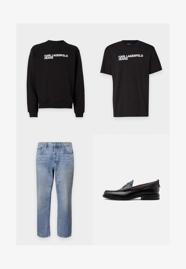 Sudadera negra con cuello redondo y puños acanalados. Presenta el texto blanco "KARL LAGERFELD JEANS" en la parte delantera. Material suave.; Camiseta de algodón negra con mangas cortas y escote redondo, con el texto blanco "KARL LAGERFELD JEANS" en diagonal en el frente.; Vaqueros de mezclilla azul claro con corte recto, diseño de cinco bolsillos, costuras visibles y cierre de botón en la cintura.; Mocasín de hombre de piel negra con costura moc toe, tira penny, cuello texturizado y tacón bajo apilado sobre fondo blanco.
