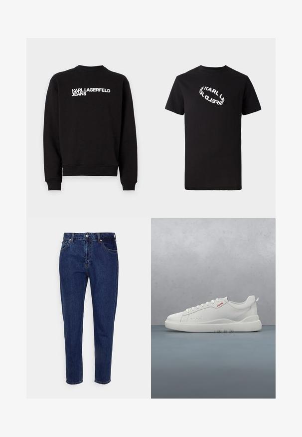 Sweatshirt noir avec un col rond et des poignets en côte. Présente le texte blanc "KARL LAGERFELD JEANS" sur le devant. Matière douce.; T-shirt en coton noir à manches courtes et col rond. Présente un texte de logo blanc distordu imprimé sur le devant.; Jean droit en denim bleu foncé avec fermeture à bouton et zip à l'avant, passants pour ceinture, poches avant et arrière.; Sneaker blanche avec une finition en cuir lisse, bout rond, quatre œillets, perforations subtiles et un détail de logo rouge sur le côté.