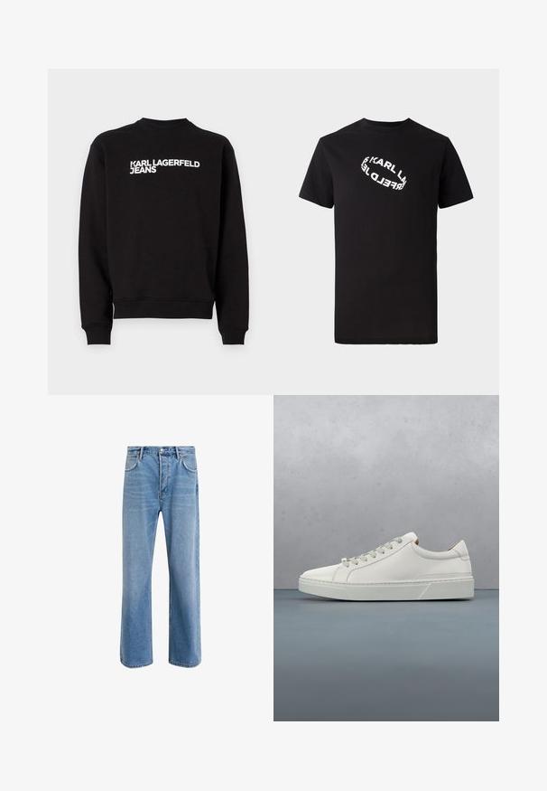 Sort sweatshirt med rund hals og ribbede manchetter. Har hvid tekst "KARL LAGERFELD JEANS" på forsiden. Blødt materiale.; Sort bomulds T-shirt med korte ærmer og rund hals. Har en hvid, forvrænget logotekst trykt på fronten.; Lyseblå denim jeans med lige ben-design, fem lommer, knaplukning, minimal falming og kontraststingdetaljer.; Hvid lædersneaker med rund tå, minimalistisk design, grå snørebånd og en tekstureret grå gummisål. Subtile syningsdetaljer er synlige.