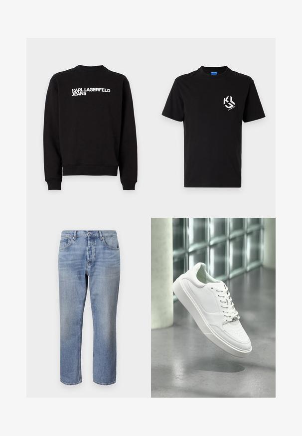 Sort sweatshirt med rund hals og ribbede manchetter. Har hvid tekst "KARL LAGERFELD JEANS" på forsiden. Blødt materiale.; Sort bomulds t-shirt med en hvid grafisk detalje på venstre brystområde. Rund hals, korte ærmer og klassisk snit.; Lyseblå denim jeans med lige pasform, fem-lomme design, synlige sting og knaplukning i taljen.; Hvid sneakers i læder med rundet snude, snørelukning foran og flad gummisål. Har perforerede detaljer og subtilt logoaccent.