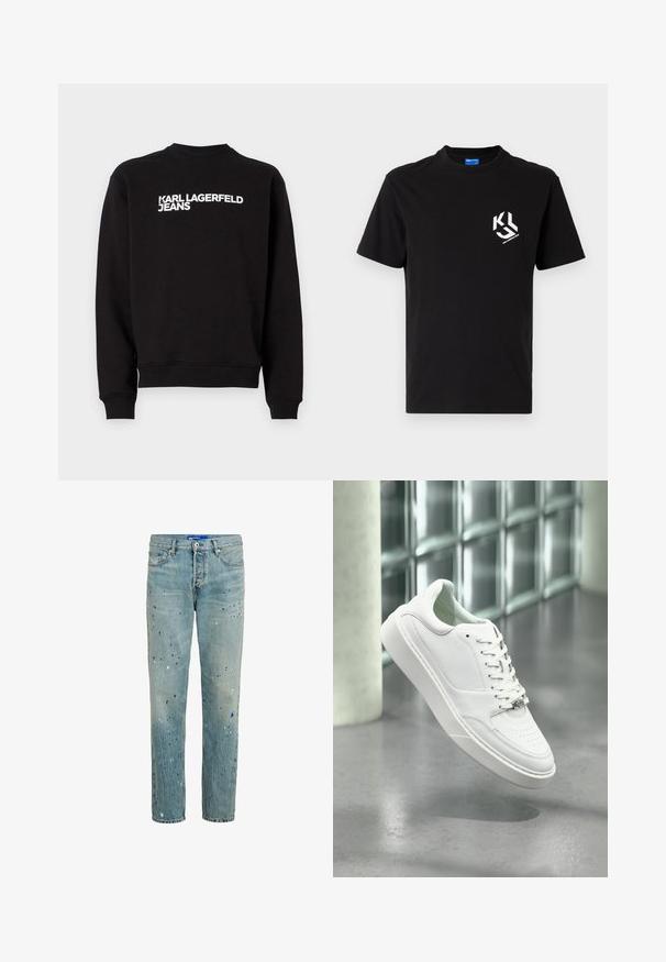 Sudadera negra con cuello redondo y puños acanalados. Presenta el texto blanco "KARL LAGERFELD JEANS" en la parte delantera. Material suave.; Camiseta de algodón negra con un gráfico blanco en la parte izquierda del pecho. Cuello redondo, mangas cortas y un diseño de corte clásico.; Jeans de denim azul claro con un diseño de pierna recta, que presentan salpicaduras de pintura en azul, negro y blanco para un efecto desgastado.; Zapatilla deportiva de cuero blanco con punta redondeada, cierre frontal con cordones y suela plana de goma. Presenta detalles perforados y un sutil acento con el logo.