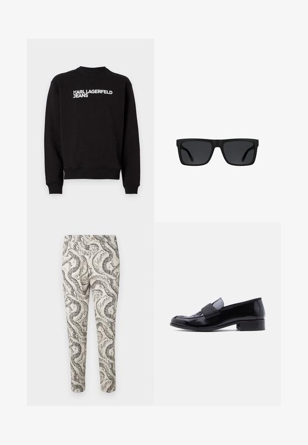 Sudadera negra con cuello redondo y puños acanalados. Presenta el texto blanco "KARL LAGERFELD JEANS" en la parte delantera. Material suave.; Pantalones estampados con un diseño de serpiente en negro y gris sobre un fondo beige claro, con cierre de botón y corte ajustado.; Mocasín de charol negro con tacón bajo de bloque y una banda elástica ancha sobre la parte superior, visto de lado sobre fondo blanco.; Gafas de sol rectangulares negras con montura gruesa y lentes tintados oscuros sobre un fondo blanco.