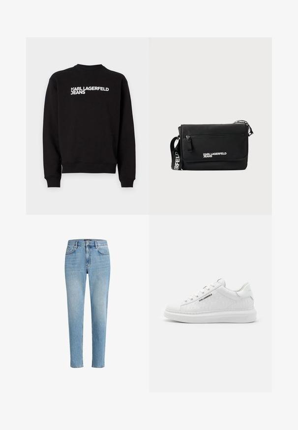 Sort sweatshirt med rund hals og ribbede manchetter. Har hvid tekst "KARL LAGERFELD JEANS" på forsiden. Blødt materiale.; Lyseblå denimjeans med en afslappet pasform, fem-lomme-design og diskret slitage. Har et mærketikette nær livet.; Hvide sneakers lavet af glat læder med prægede mønstre. Har rund tå, snørebånd foran og struktureret sål. Sølvlogo detalje på siden.; Sort messenger-taske lavet af glat nylon. Har justerbar rem, frontlomme med lynlås og hvidt trykt logo. Rektangulær form med minimalistisk design.