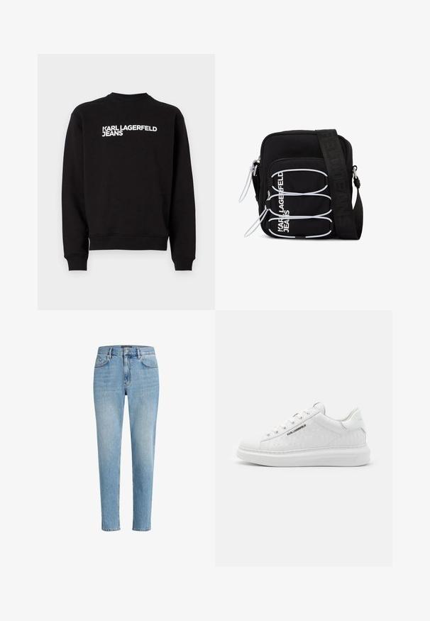 Čierna mikina s okrúhlym výstrihom a rebrovanými manžetami. Na prednej strane obsahuje biely nápis "KARL LAGERFELD JEANS". Mäkkó materiál.; Svetlomodré džínsy s uvoľneným strihom, päť vrecúškovým dizajnom a jemným efektom opotrebovania. Obsahujú označkovanú nášivku pri páse.; Biele tenisky vyrobené z hladkej kože s embosovaným vzorom. Majú okrúhlu špičku, šnurovanie v prednej časti a textúrovanú podrážku. Strieborný detail loga na boku.; Čierna kabelka cez rameno s bielymi elastickými slučkami, zipsami a bielym nápisom „KARL LAGERFELD JEANS“ na prednom vrecku.