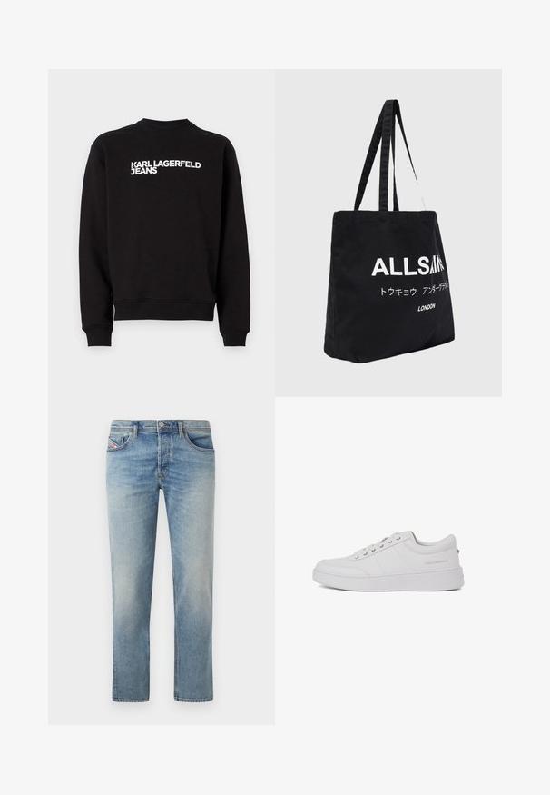 Musta huppari, jossa on pyöreä kaula-aukko ja resorit. Edessä valkoinen teksti "KARL LAGERFELD JEANS". Pehmeä materiaali.; Vaaleansiniset farkut, joissa on suora lahje. Ominaisuuksiin kuuluu viisi taskua, vyölenkit ja hieno haalistuminen kankaan pinnalla.; Valkoiset nahkakengät, joissa on klassinen matalan varren muotoilu, litteä pohja ja huomaamaton brändilogot painettuna kantapäässä. Varustettu viidellä metallisella nauhareijällä.; Musta kangaskassi, jossa pitkät kahvat ja valkoinen teksti "ALLSAINTS", japanilaiset merkit ja "LONDON" etupuolella.