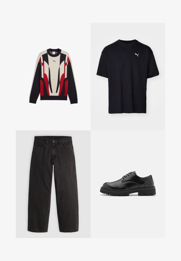 Sweat-shirt Puma à manches longues avec col rond, présentant des motifs géométriques abstraits beige, noir et rouge sur le devant et les manches.; T-shirt en coton noir à manches courtes, col rond, avec un logo Puma blanc sur le côté supérieur gauche de la poitrine. Coupe classique, texture lisse.; Jean denim noir à coupe droite, cinq poches et passants pour ceinture, présenté à plat sur un fond clair uni.; Chaussures en cuir noir avec un bout rond, un laçage et une semelle en caoutchouc épaisse et texturée. Présente des coutures le long du bord et une finition lisse.