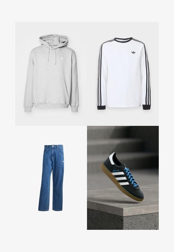 Hall gray kapuutsiga, millel on känguru tasku, reguleeritav paela kapuuts ja väike valge logo rinnal. Valmistatud pehmest, tekstureeritud materjalist.; Valge pika varrukaga Adidas särk musta ümarkaeluse, mustade varrukaäärte ning kolme musta triibuga varrukatel ja musta kolmelehelogo rinnal.; Sinine kõrge vöökohaga avar jakkidega teksapükse, millel on ees taskud, vöökoharingid, nupuga sulgemine ja väike Adidas'i logo paremal reiel.; Must Adidas toss valgete triibu, siniste paelte ja kummist tallaga, hõljuv pehme valgusega halli betoonastme kohal.