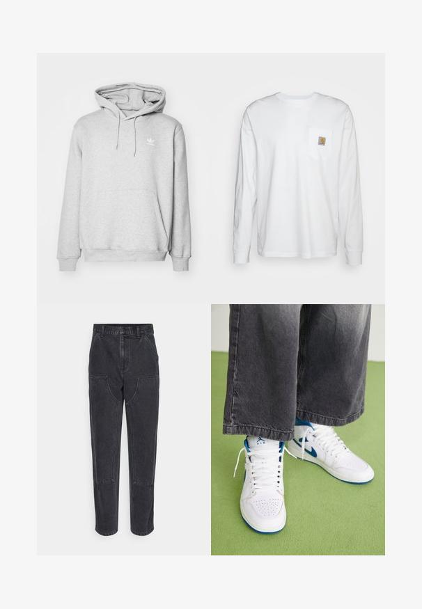 Sudadera gris con un bolsillo tipo canguro, capucha ajustable con cordón y pequeño logotipo blanco en el pecho. Fabricada con material suave y texturizado.; Camisa blanca de manga larga hecha de algodón, con un bolsillo en el pecho que lleva un parche de logo cuadrado. Diseño sencillo con escote redondeado y mangas con puños.; Jeans de mezclilla negra con cintura alta, corte recto y grandes bolsillos frontales. Presentan costuras en contraste y sin logotipos visibles.; Zapatillas altas blancas con acentos azules, caja de puntera perforada y cordones blancos. Llevadas con pantalones de mezclilla grises sueltos sobre una superficie verde.