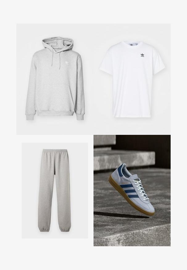 Sudadera gris con un bolsillo tipo canguro, capucha ajustable con cordón y pequeño logotipo blanco en el pecho. Fabricada con material suave y texturizado.; Camiseta blanca de algodón con mangas cortas, escote redondo y un logo negro de Adidas con tres franjas en la zona del lado izquierdo del pecho.; Pantalones deportivos gris claro con cinturilla y puños elásticos, corte recto, fabricados con tela suave.; Zapatilla Adidas Spezial azul claro con rayas azul marino y suela de goma, mostrada en el aire sobre escalones de hormigón en un entorno exterior neutral.