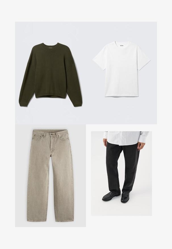 Pull en maille vert olive avec un col rond, épaules tombantes et ourlet côtelé. Texture douce et coupe décontractée.; T-shirt blanc à manches courtes et col rond, étalé à plat, design uni, avec l'étiquette "WEEKDAY" à l'intérieur du col sur un fond clair.; Jean beige en denim coupe droite avec poches avant, passants de ceinture, fermeture à bouton et coutures visibles sur un fond clair uni.; Pantalons en denim noir associés à des mocassins noirs brillants. La chemise est blanche avec de fines rayures verticales, avec des manches longues et un col boutonné.