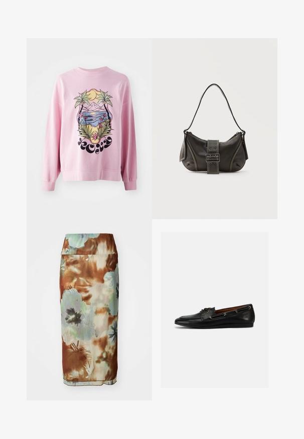 Roze sweatshirt met een levendige grafiek van palmbomen en een strandscene met bergen, zon en bloemdetails. Lange mouwen en ribbelmanchetten.; Florale midirok met een mix van bruin, groen en blauwe tinten, met een gladde textuur en een aansluitende silhoutte.; Zwarte leren bootschoen met een ronde neus, vetersluiting en zilveren veterringen. Heeft een gladde textuur en een rubberen zool met laag profiel.; Zwarte leren schoudertas met gespsluiting aan de riem, afgeronde hoeken en contrasterende witte stiksels op een effen achtergrond.
