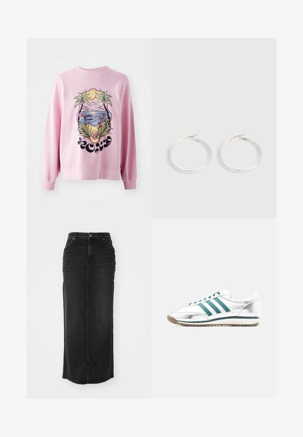 Rosa Sweatshirt mit lebendigem Grafikdesign von Palmen und einer Strandlandschaft mit Bergen, Sonne und floralen Details. Lange Ärmel und gerippte Bündchen.; Schwarzer Denim-Maxi-Rock mit geradem Schnitt, mittelhoher Taille, Fronttaschen und sichtbaren Nähten entlang der Nähte.; Weißer und silberner Sneaker in niedriger Ausführung mit grünen Streifen, grünen Schnürsenkeln, weißer Sohle und Gummilaufsohle, von der Seite vor neutralem Hintergrund gezeigt.; Paar glänzende silberne Creolen mit dünnen Drahtverschlüssen, dargestellt vor einem hellgrauen Hintergrund.