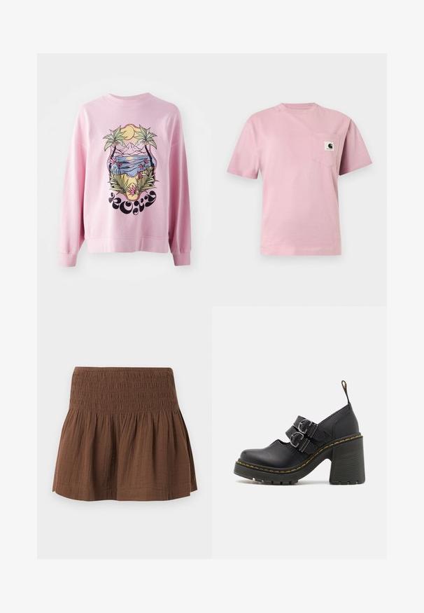 Rosa Sweatshirt mit lebendigem Grafikdesign von Palmen und einer Strandlandschaft mit Bergen, Sonne und floralen Details. Lange Ärmel und gerippte Bündchen.; Hellrosa T-Shirt mit kurzen Ärmeln und einer linken Brusttasche mit kleinem Carhartt-Logo-Patch.; Brauner Minirock mit smockiertem elastischem Bund und unterhalb gerafftem Stoff, aus strukturiertem, leichtem Material gefertigt.; Schwarze High Heels mit einer strukturierten Sohle, ausgestattet mit zwei silbernen Schnallen, gelben Nähten und einer Schlaufe hinten für einfaches Anziehen.