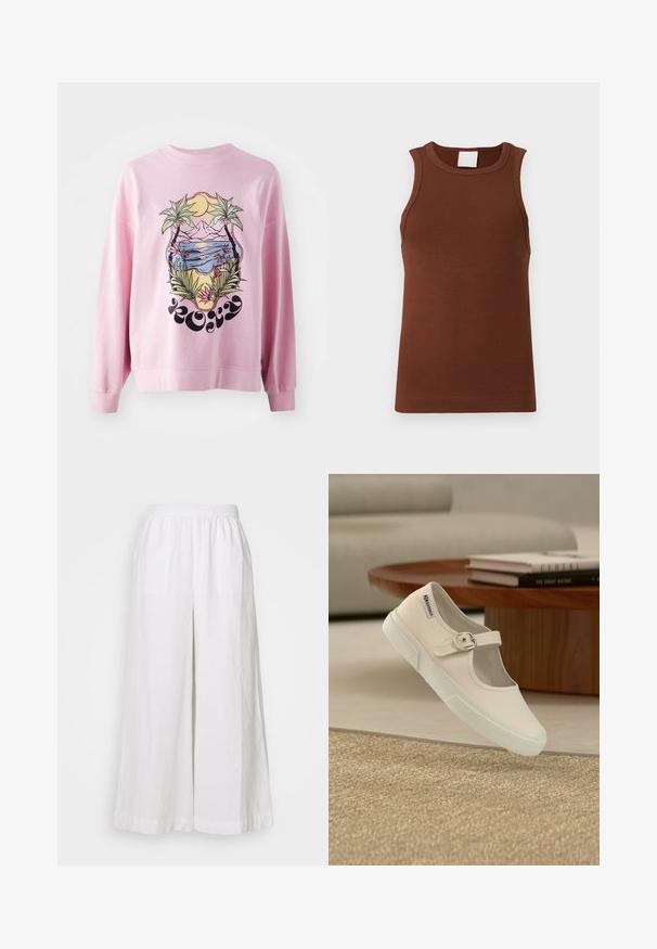 Rosa Sweatshirt mit lebendigem Grafikdesign von Palmen und einer Strandlandschaft mit Bergen, Sonne und floralen Details. Lange Ärmel und gerippte Bündchen.; Braunes, geripptes ärmelloses Top mit rundem Ausschnitt. Hergestellt aus dehnbarem Stoff, besticht es durch eine körpernahe Passform und eine schlichte Textur.; Weisse Leinen-Hosen mit weitem Bein und elastischem Bund, ausgestattet mit zwei Vorderaschen und einem leichten, strukturierten Stoff.; Weißer Mary Jane Sneaker mit Schnallenriemen und Gummisohle, schwebt über beigem strukturiertem Teppich, einem Holzcouchtisch und gestapelten Büchern im Hintergrund.