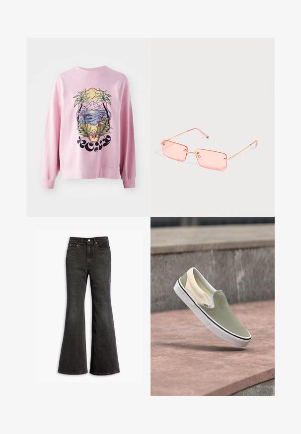 Roze sweatshirt met een levendige grafiek van palmbomen en een strandscene met bergen, zon en bloemdetails. Lange mouwen en ribbelmanchetten.; Zwarte high-waisted denim jeans met een flared leg, vijf-pocket ontwerp en koperen klinknagels.; Instapsneaker met lichtgroen canvas bovenwerk, witte zool en beige hieldetail, die lijkt te zweven boven een stenen oppervlak.; Rechthoekige roze getinte randloze zonnebril met dunne gouden metalen pootjes en verstelbare neuspads op een effen lichte achtergrond.