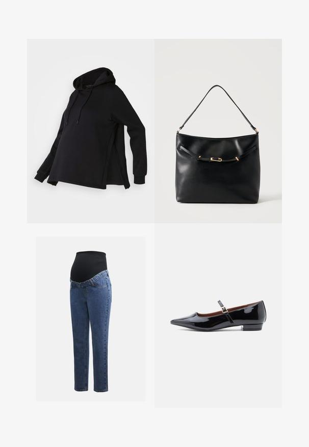 Sort sweatshirt med hætte, med sideskår og lange ærmer. Fremstillet af blødt stof, tilbyder den en afslappet pasform for komfort.; Graviditetsjeans med ben i blå denim og en sort strækbare abdominalpanel designet til at støtte og dække en voksende mave.; Sorte patenterede læder Mary Jane flade sko med spids tå og lille hæl, udstyret med en justerbar rem med guld spænde.; Sort skuldertaske i læder med en enkel strop og en lille guldlåsdetalje foran mod en ensfarvet lys baggrund.
