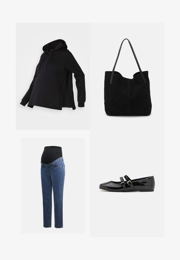 Sort sweatshirt med hætte, med sideskår og lange ærmer. Fremstillet af blødt stof, tilbyder den en afslappet pasform for komfort.; Graviditetsjeans med ben i blå denim og en sort strækbare abdominalpanel designet til at støtte og dække en voksende mave.; Sorte lakerede sko med firkantet tå, der har to justerbare spænder over midtfoden og en flad, lav profil sål.; Sort ruskinds totemed med to lange, flade læderremme. Har en buet topkant og synlige stikninger langs forsiden. Ingen hardware-dekorationer.