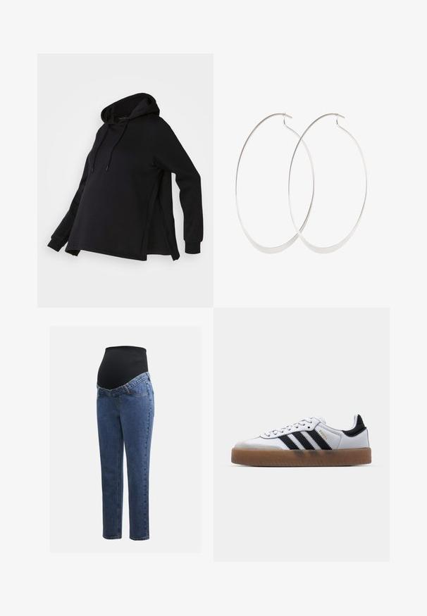 Sort sweatshirt med hætte, med sideskår og lange ærmer. Fremstillet af blødt stof, tilbyder den en afslappet pasform for komfort.; Graviditetsjeans med ben i blå denim og en sort strækbare abdominalpanel designet til at støtte og dække en voksende mave.; Hvide lædersneakers med sorte striber, gummirubber sål, rund tå, snørelukning og blød grå ruskinds tåhætte.; Sølv hoops øreringe med et tyndt, glat design; langstrakt oval form; poleret finish; har en sikker krog lukning.