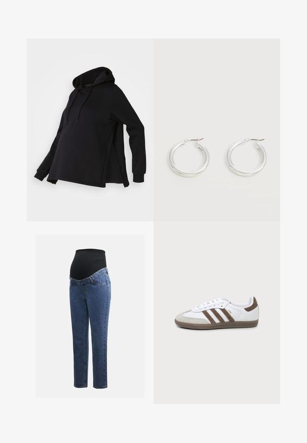 Sort sweatshirt med hætte, med sideskår og lange ærmer. Fremstillet af blødt stof, tilbyder den en afslappet pasform for komfort.; Graviditetsjeans med ben i blå denim og en sort strækbare abdominalpanel designet til at støtte og dække en voksende mave.; Hvid og brun Adidas Samba sneaker med tre brune striber, snørebånd og tekstureret sål vist fra siden på en ensfarvet baggrund.; Par mellemstore skinnende sølv hoops øreringe med tynde metal spænder på en lys neutral baggrund.