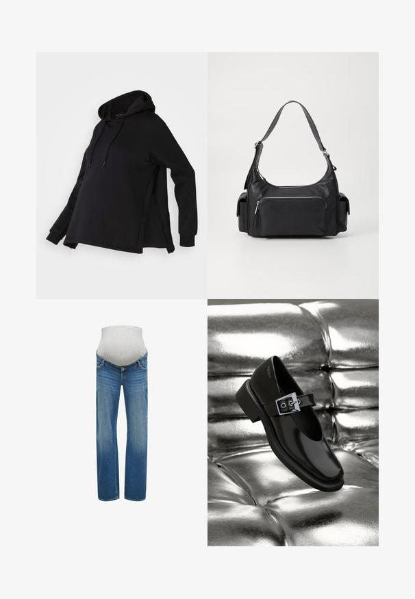 Sort sweatshirt med hætte, med sideskår og lange ærmer. Fremstillet af blødt stof, tilbyder den en afslappet pasform for komfort.; Blå graviditetsjeans med vide ben og et gråt strækbart stofpanel ved taljen for maveunderstøttelse.; Sorte læder Mary Jane sko med firkantet tå, en sølv spænde accent og en chunky lav hæl, sat mod en glansfuld sølv baggrund.; Sort læder skuldertaske med en rund form, lynlåslomme foran og to sidelommer. Har en enkelt justerbar skulderrem.
