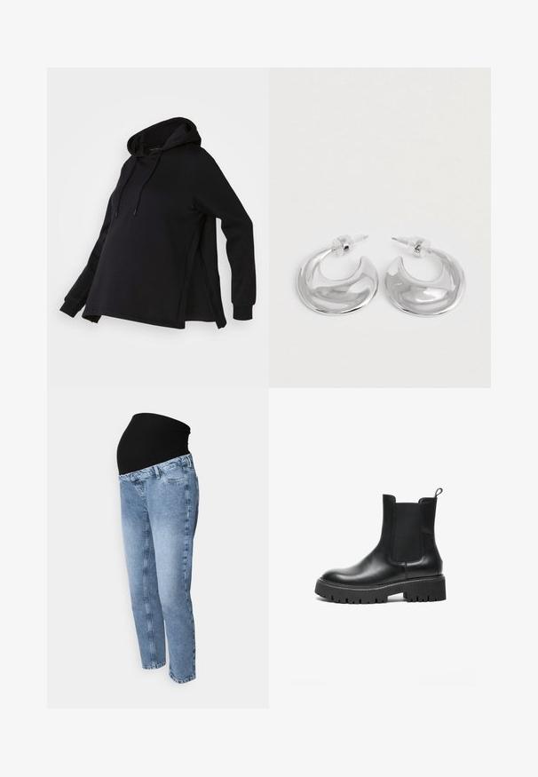 Sort sweatshirt med hætte, med sideskår og lange ærmer. Fremstillet af blødt stof, tilbyder den en afslappet pasform for komfort.; Graviditets-jeans med en sort strækbare talje og lyseblå denim. Lige ben-design med klassisk fem lomme-stil og falmet vask.; Sort læder Chelsea-støvle med elastiske sidelapper, rund tå, kraftig gummisål og en trækkrog ved hælen.; Et par polerede sølv halvmåneformede hoop øreringe med klare plastikbagsider på en hvid overflade.