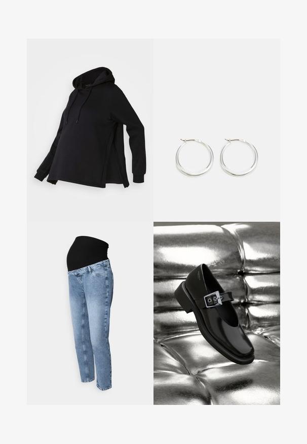 Sweatshirt noir à capuche, avec des fentes sur les côtés et des manches longues. Fabriqué en tissu doux, il offre une coupe décontractée pour le confort.; Jeans de maternité avec une ceinture extensible noire et en denim bleu clair. Conception à jambe droite avec un style classique à cinq poches et un délavage dégradé.; Chaussure Mary Jane en cuir noir avec un bout carré, un accent de boucle en argent et un talon bas épais, sur un fond argenté brillant.; Les boucles d'oreilles en argent en forme de créole présentent un design lisse et arrondi avec un profil fin et un fermoir sécurisé. Style minimaliste avec une finition polie.