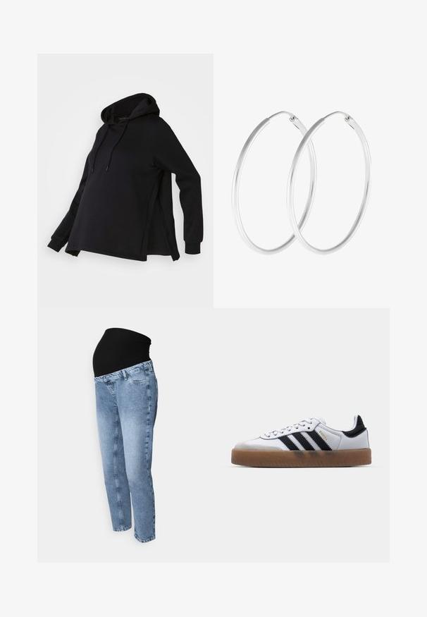 Zwarte sweatshirt met een capuchon, voorzien van zijsplitten en lange mouwen. Gemaakt van zachte stof, biedt het een relaxte pasvorm voor comfort.; Zwangerschapsjeans met een zwarte rekbare tailleband en lichtblauwe denim. Rechte pijpontwerp met klassieke vijf-pocket stijl en vervaagde was.; Witte leren sneakers met zwarte strepen, gumrubberen buitenzool, ronde neus, vetersluiting en een zachte grijze suède neuskap.; Zilverkleurige oorringen met een gladde, ronde vorm en een gepolijste afwerking. Beide oorbellen zijn van dezelfde grootte en hebben een veilige sluitmechanisme.