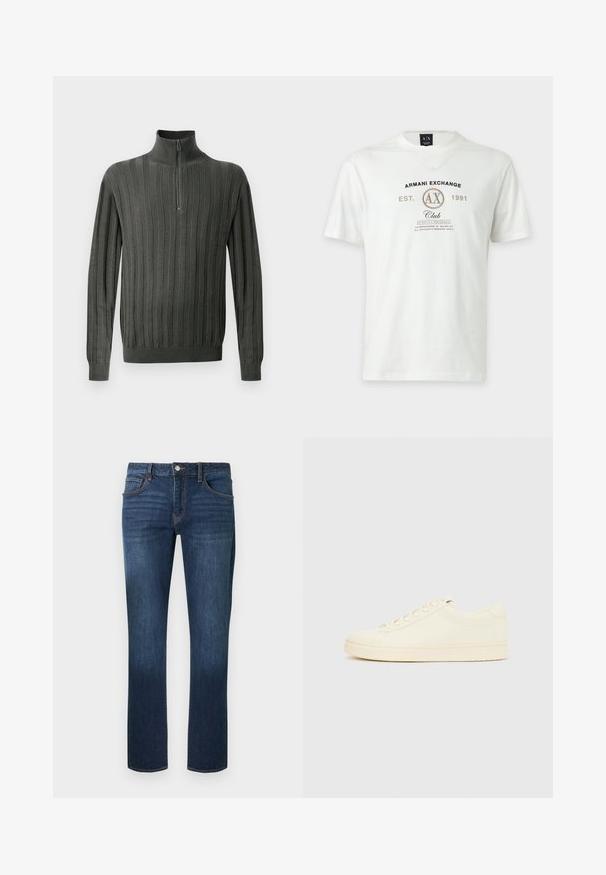Pull en tricot vert foncé avec un col zippé mi-haut, présentant une texture côtelée verticale et des poignets ajustés. Tissu doux, design décontracté.; T-shirt blanc à manches courtes Armani Exchange avec logo, "AX," et texte "Armani Exchange Est. 1991 Club Strictly Personal" imprimés sur le devant.; Jean en denim bleu foncé avec une coupe droite, un design à cinq poches et une fermeture à boutons à l'avant, présentant une légère décoloration sur les cuisses.; Baskets couleur crème avec une tige en cuir lisse, bout arrondi, laçage à l'avant et semelle en caoutchouc texturée. Design minimaliste, sans logo.