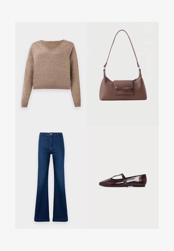 Pull en maille beige clair avec décolleté en V, manches longues et ourlet côtelé. Texture douce avec un design légèrement court et sans motifs visibles.; Jean évasé bleu foncé en denim, doté d'une taille haute, de deux poches arrière et de coutures contrastantes le long des coutures.; Chaussure plate en cuir bordeaux foncé avec un bout pointu et une fine bride en T avec une boucle argentée sur fond blanc.; Sac à bandoulière en cuir marron avec une poche à rabat avant ornée d'un détail en forme de nœud cousu et une sangle réglable.
