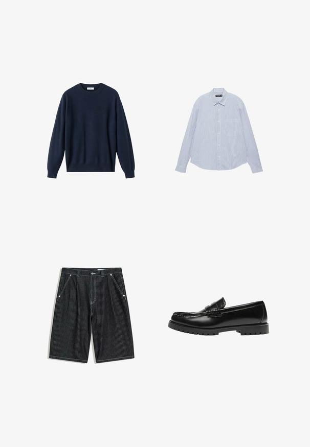 Pull tricoté bleu marine avec un col rond, des épaules tombantes et des poignets et un ourlet côtelés. Texture lisse et coupe décontractée.; Chemise bleu clair à manches longues, boutonnée à l'avant, avec de fines rayures blanches verticales et une poche poitrine, étalée à plat sur un fond blanc.; Shorts noirs longueur genou avec fines rayures verticales blanches, poches avant, passants de ceinture et fermeture par bouton.; Mocassin en cuir noir avec une semelle en caoutchouc épaisse et un détail classique de bride à monnaie, vu de côté extérieur.